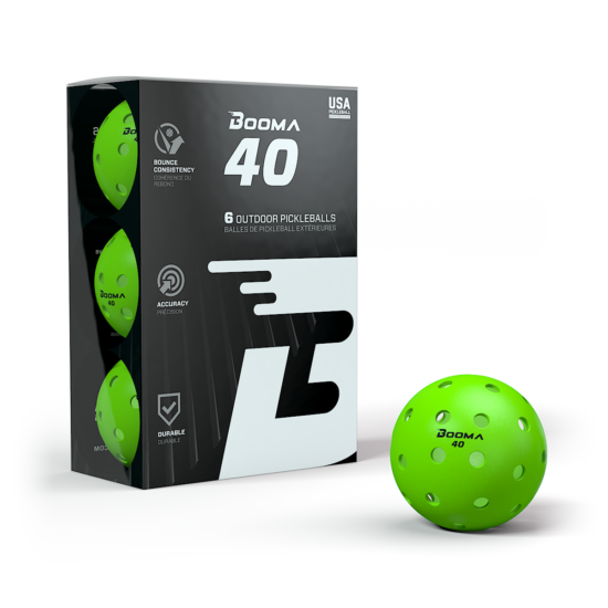 A pack of 6 green colored BOOMA 40 outdoor pickleball balls.