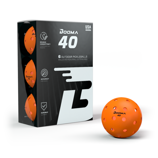 A pack of 6 orange colored BOOMA 40 outdoor pickleball balls.