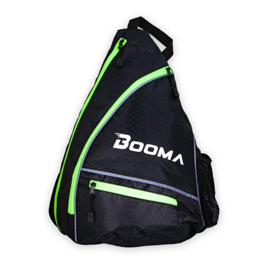 Front view of BOOMA's pickleball bag by a net.