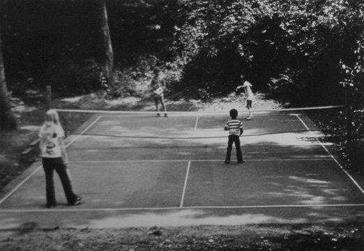 Black and white photo of the original pickleball court.