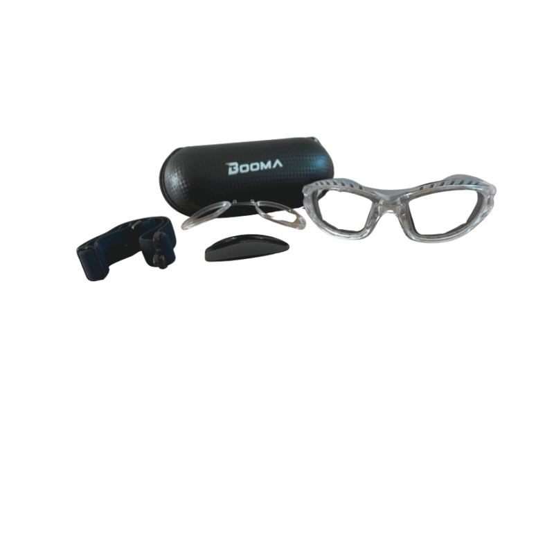 Image of BOOMA pickleball protective glasses with removable lenses.
