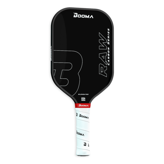Image of a BOOMA Raw Carbon Elongated pickleball paddle.