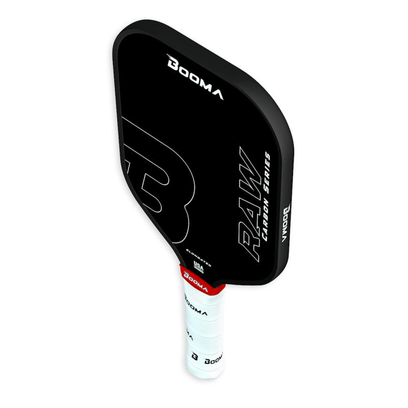 Image of a BOOMA Raw Carbon Elongated pickleball paddle.
