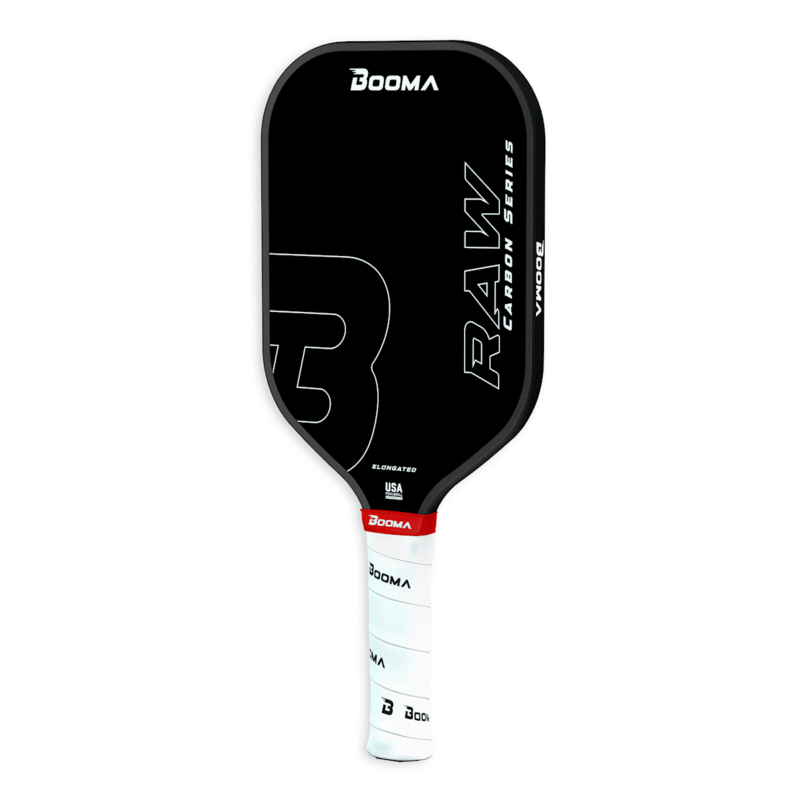 Image of a BOOMA Raw Carbon Elongated pickleball paddle.