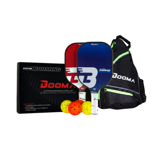 Image de l'ensemble Pickleball 2 joueurs de BOOMA comprenant 2 raquettes, 4 balles et un sac.